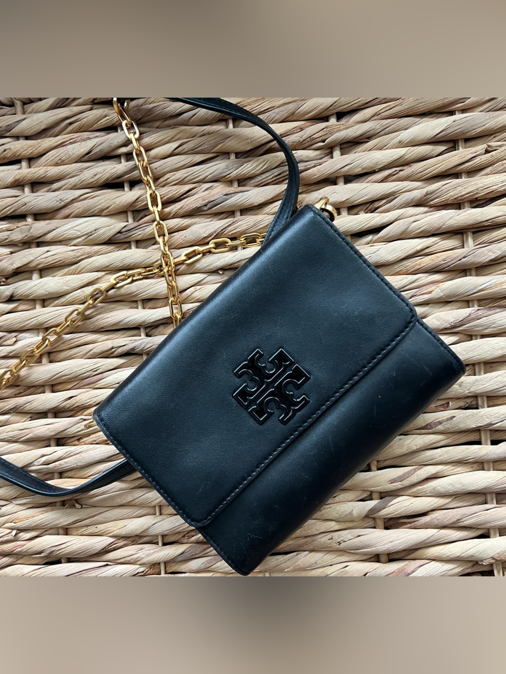 Tory Burch Black Leather Crossbody with Gold Chain